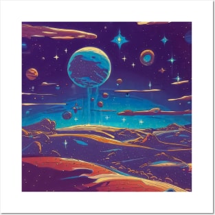 Colorful anime retro planet landscape space seamless pattern Posters and Art